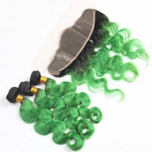 Load image into Gallery viewer, Luxury Brazilian Body Wave Emerald Green Dark Roots Hair Extensions + Frontal