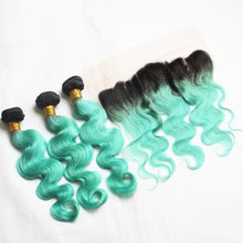 Load image into Gallery viewer, Luxury Brazilian Body Wave Mint Green Dark Roots Hair Extensions + 13x4 Frontal