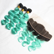 Load image into Gallery viewer, Luxury Brazilian Body Wave Mint Green Dark Roots Hair Extensions + 13x4 Frontal