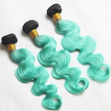 Load image into Gallery viewer, Luxury Brazilian Body Wave Mint Green Dark Roots Hair Extensions + 13x4 Frontal
