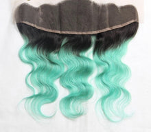 Load image into Gallery viewer, Luxury Brazilian Body Wave Mint Green Dark Roots Hair Extensions + 13x4 Frontal