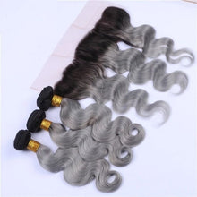 Load image into Gallery viewer, Luxury Brazilian Body Wave Grey Silver Dark Roots Hair Extensions + 13x4 Frontal