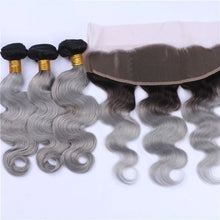 Load image into Gallery viewer, Luxury Brazilian Body Wave Grey Silver Dark Roots Hair Extensions + 13x4 Frontal