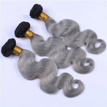 Load image into Gallery viewer, Luxury Brazilian Body Wave Grey Silver Dark Roots Hair Extensions + 13x4 Frontal