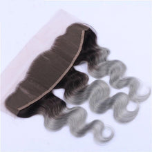 Load image into Gallery viewer, Luxury Brazilian Body Wave Grey Silver Dark Roots Hair Extensions + 13x4 Frontal