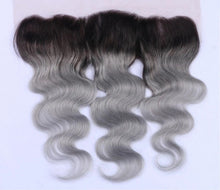 Load image into Gallery viewer, Luxury Brazilian Body Wave Grey Silver Dark Roots Hair Extensions + 13x4 Frontal