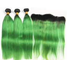 Load image into Gallery viewer, Luxury Brazilian Straight Emerald Green Dark Roots Hair Extensions + Frontal