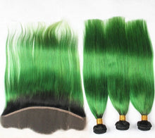 Load image into Gallery viewer, Luxury Brazilian Straight Emerald Green Dark Roots Hair Extensions + Frontal