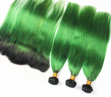Load image into Gallery viewer, Luxury Brazilian Straight Emerald Green Dark Roots Hair Extensions + Frontal