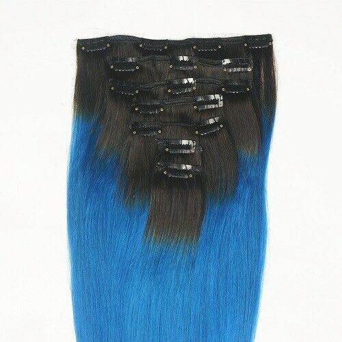 Luxury Clip In Human Hair Extensions #1B/Royal Blue Remy  display picture 1
