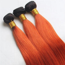 Load image into Gallery viewer, Luxury Brazilian Straight Orange Red #350 Dark Roots Hair Extensions + Frontal
