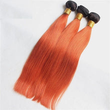 Load image into Gallery viewer, Luxury Brazilian Straight Orange Red #350 Dark Roots Hair Extensions + Frontal
