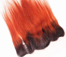 Load image into Gallery viewer, Luxury Brazilian Straight Orange Red #350 Dark Roots Hair Extensions + Frontal