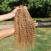 Load image into Gallery viewer, Luxury Honey Blonde #27 Curly Peruvian Virgin Human Hair Extensions Weave Weft