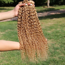 Load image into Gallery viewer, Luxury Honey Blonde #27 Curly Peruvian Virgin Human Hair Extensions Weave Weft