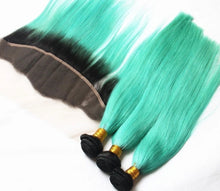 Load image into Gallery viewer, Luxury Brazilian Straight Mint Green Dark Roots Hair Extensions + 13x4 Frontal