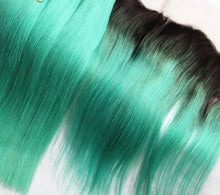Load image into Gallery viewer, Luxury Brazilian Straight Mint Green Dark Roots Hair Extensions + 13x4 Frontal