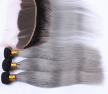 Load image into Gallery viewer, Luxury Brazilian Straight Grey Silver Dark Roots Hair Extensions + 13x4 Frontal