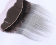 Load image into Gallery viewer, Luxury Brazilian Straight Grey Silver Dark Roots Hair Extensions + 13x4 Frontal