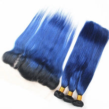 Load image into Gallery viewer, Luxury Brazilian Straight Royal Blue Dark Roots Hair Extensions + 13x4 Frontal