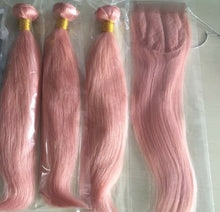Load image into Gallery viewer, Luxury Brazilian Pink Rose Gold Straight Human Hair Extensions + 4x4 Closure