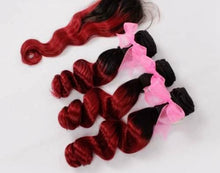 Load image into Gallery viewer, Luxury Loose Wave Brazilian Burgundy #99J Dark Roots Ombre Virgin Hair + Closure