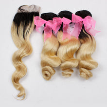 Load image into Gallery viewer, Luxury Loose Wave Brazilian Blonde Dark Roots Ombre Virgin Human Hair + Closure