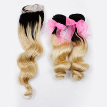 Load image into Gallery viewer, Luxury Loose Wave Brazilian Blonde Dark Roots Ombre Virgin Human Hair + Closure