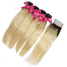 Load image into Gallery viewer, Luxury Brazilian #1B/613 Blonde Straight Human Hair Extensions + 4x4 Closure