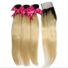 Load image into Gallery viewer, Luxury Brazilian #1B/613 Blonde Straight Human Hair Extensions + 4x4 Closure
