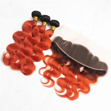 Load image into Gallery viewer, Luxury Brazilian Body Wave Orange Red #350 Dark Roots Hair Extensions + Frontal