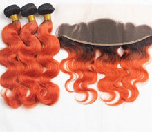 Load image into Gallery viewer, Luxury Brazilian Body Wave Orange Red #350 Dark Roots Hair Extensions + Frontal