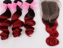 Load image into Gallery viewer, Luxury Loose Wave Peruvian Burgundy #99J Dark Roots Ombre Virgin Hair + Closure