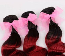 Load image into Gallery viewer, Luxury Loose Wave Peruvian Burgundy #99J Dark Roots Ombre Virgin Hair + Closure