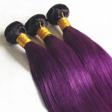 Load image into Gallery viewer, Luxury Brazilian Silky Straight Purple Dark Roots Hair Extensions + 13x4 Frontal