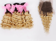 Load image into Gallery viewer, Luxury Deep Wave Peruvian Blonde Dark Roots Ombre Virgin Human Hair + Closure
