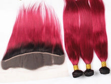 Load image into Gallery viewer, Luxury Brazilian Straight Burgundy 99J Dark Roots Hair Extensions + 13x4 Frontal