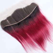 Load image into Gallery viewer, Luxury Brazilian Straight Burgundy 99J Dark Roots Hair Extensions + 13x4 Frontal