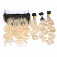 Load image into Gallery viewer, Luxury Brazilian #1B/613 Blonde Body Wave Human Hair Extensions + 13x4 Frontal