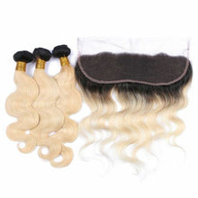 Load image into Gallery viewer, Luxury Brazilian #1B/613 Blonde Body Wave Human Hair Extensions + 13x4 Frontal
