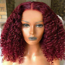Load image into Gallery viewer, Luxury Remy Deep Curly Burgundy Red 99J 100% Human Hair Swiss 13x4 Lace Front Glueless Wig Wavy Colouful U-Part or Full Lace Upgrade Available
