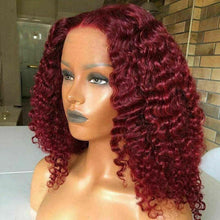 Load image into Gallery viewer, Luxury Remy Deep Curly Burgundy Red 99J 100% Human Hair Swiss 13x4 Lace Front Glueless Wig Wavy Colouful U-Part or Full Lace Upgrade Available