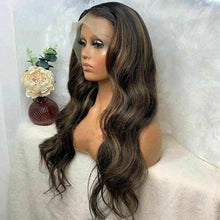 Load image into Gallery viewer, Luxury Dark Ash Brown Balayage Highlight 100% Human Hair Swiss 13x4 Lace Front Wig Wavy Blonde U-Part, 360 or Full Lace Upgrade Available