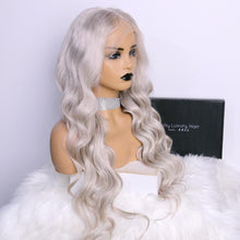 Load image into Gallery viewer, Luxury Remy Silver Grey Gray 100% Human Hair Swiss 13x4 Lace Front Glueless Wig Platinum Wavy Colouful U-Part or Full Lace Upgrade Available