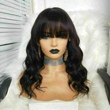 Load image into Gallery viewer, Luxury Fringe Bangs Wavy Black Body Wave 100% Human Hair Swiss 13x4 Lace Front Glueless Wig #1B U-Part, 360 or Full Lace Upgrade Available