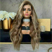 Load image into Gallery viewer, Luxury Dark Ash Brown Balayage Highlight 100% Human Hair Swiss 13x4 Lace Front Wig Wavy Blonde U-Part, 360 or Full Lace Upgrade Available