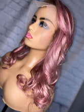 Load image into Gallery viewer, READY TO SHIP Luxury 18” 150% 13x4 Lace Front Rose Gold Pink Dark Roots Wig Human Hair Swiss Glueless Sale Bleached Knots