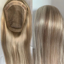 Load image into Gallery viewer, Luxury Balayage Highlight Hair Piece Real Human Hair Topper Natural Straight Brown Ash Blonde Jewish Toupee with Clips 130%