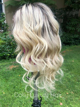 Load image into Gallery viewer, Luxury Light Blonde Balayage Highlight Brown Roots 100% Human Hair Swiss 13x4 Lace Front Glueless Wig U-Part, 360 or Full Lace Upgrade Available