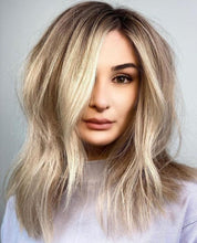 Load image into Gallery viewer, Luxury Sandy Blonde Balayage Platinum Blonde Dark Roots Teasylights 100% Human Hair Swiss 13x4 Lace Front Wig Wavy Full Lace Upgrade Available